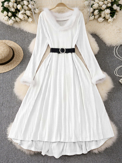 Plus Size - Plus Size, Women'S Elegant Formal Party Dress - Long Sleeve V-Neck with Adjustable Waist Belt, Flared Skirt - Elegant Evening Gown for Christmas, Galas, Weddings - Plus Size Friendly - Black Formal Attire, Formal