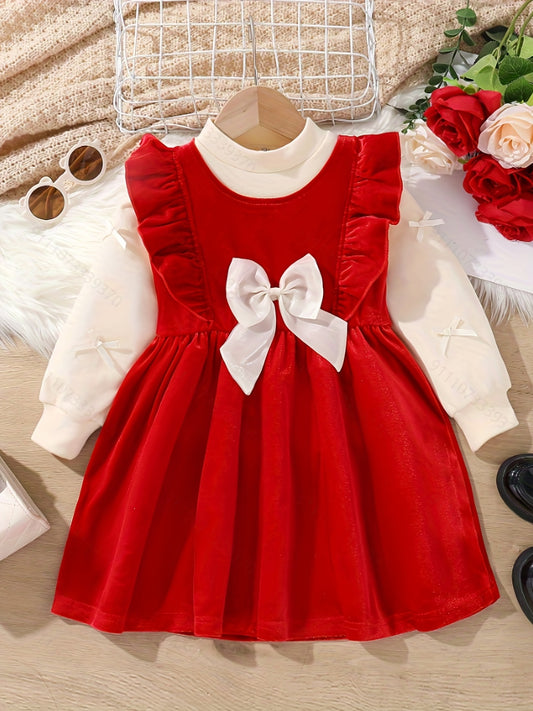 2pcs Girls' Winter Dress & Smock Dress Set - Elegant Bow & Ruffled Umbrella Outfit, 2pcs Blouse Dress with Round Neck Long Sleeve Dress for, Christmas Parties & Casual Attire - to (Hand Washable), Perfect for Outdoor