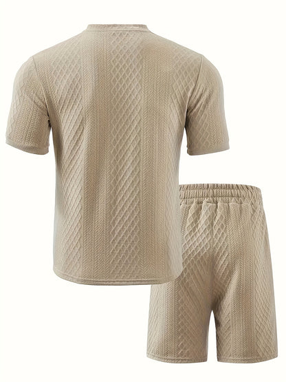 2pcs Set, Men's Casual Suit, Jacquard Fabric, Round Neck Short Sleeves with Buttons, Jacquard Shorts with Drawstring - ayq