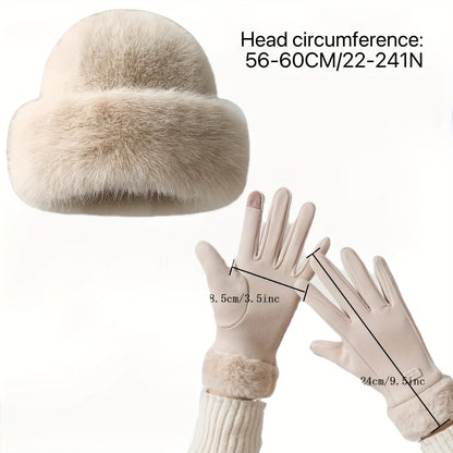 Women's Autumn/Winter Thermal Gloves and Plush Bucket Hat Set