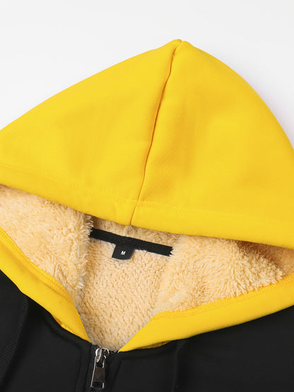 Men'S Cozy Fleece-Lined Hooded Jacket with "LA" Lettering - & Yellow Color Block, Zip-Up Casual Outerwear, Long Sleeves, Pockets, Perfect for Fall & Winter, Casual Winter Wear | Hooded Jacket | Zippered Jacket