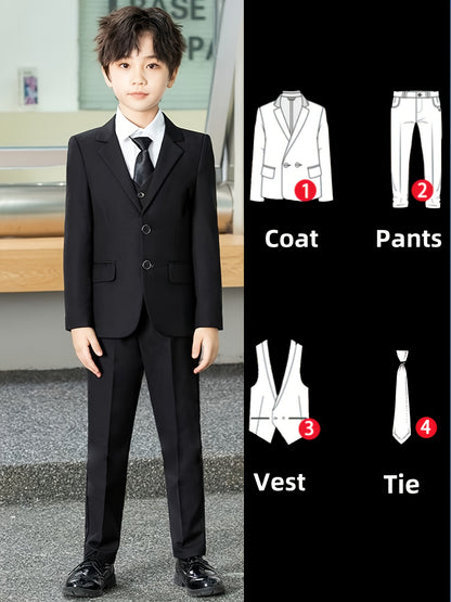 Boys' 4-Piece Suit Set: Jacket, Vest, Pants & Tie, British Style