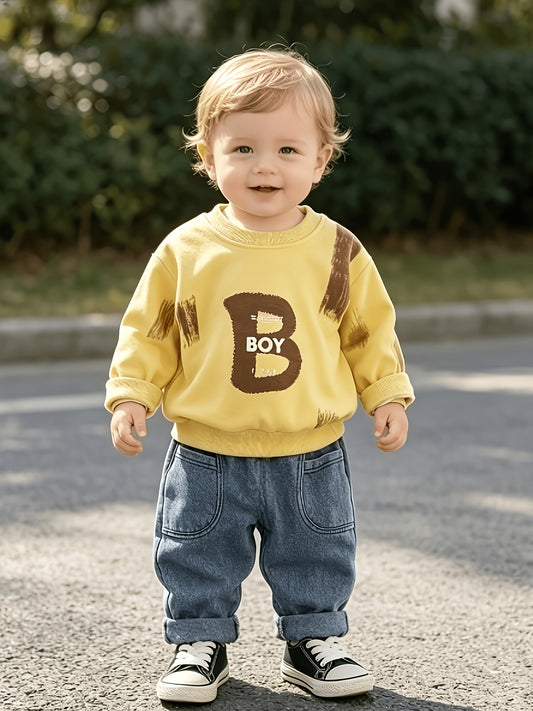 Boys' Casual Cotton Blend Sweatshirt & Denim Pants Set for Spring/Fall
