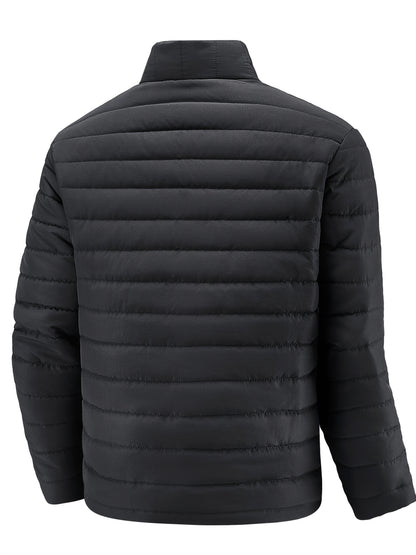 Men's Black Skinny Padded Coat with Stand Collar for Winter