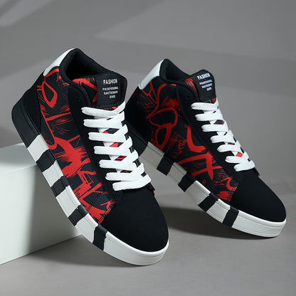 Women'S High-Top Casual Skate Shoes, Black and White Graffiti Design, Lightweight Fabric Lining, All-Season Rubber Sole Sneakers for Outdoor Sports and Hiking, Skate Shoes
