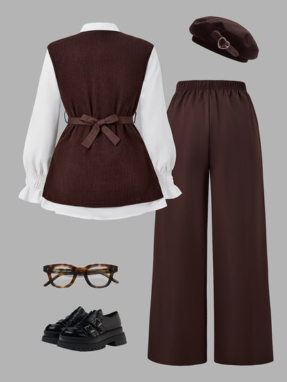 Teen Girls' Casual Spring Outfit Set: Puff Sleeve Shirt, Vest & Wide-L