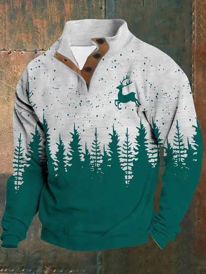 Men'S Plus Size Long Sleeve Henley Shirt with Forest & Deer Application, 100% Polyester Knit Fabric, Regular Fit Sporty & Party Top with Collared Neck and Slight Stretch - Printed Design