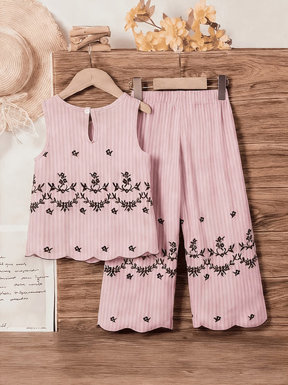 Girls' Retro Floral Striped Sleeveless Top & Wide Leg Pants Set