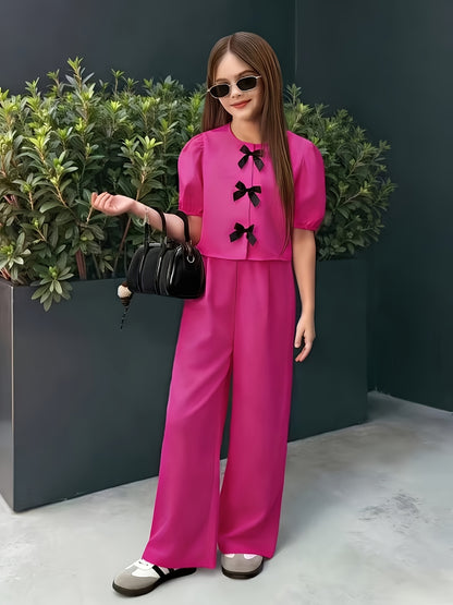 Girls' Casual Puff Sleeve Top & Pants Set for Spring Summer