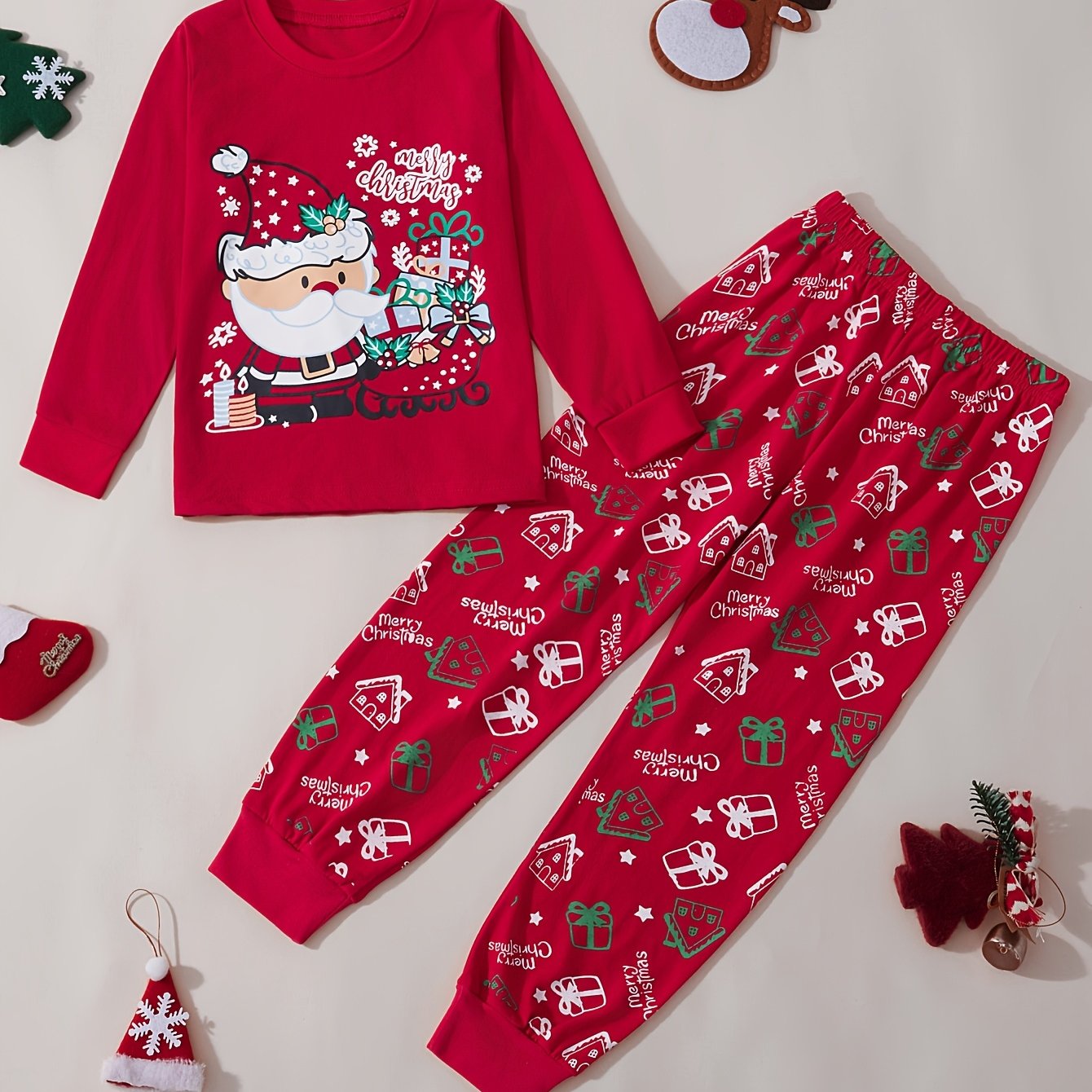 Christmas Set Pajamas Boys and Girls Red Father Christmas Cotton Flame Retardant Suit Christmas Gift Sleigh Car Red Pajama Set Loungewear Two Pieces