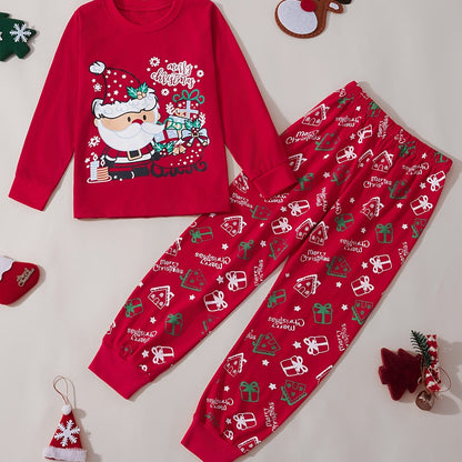 Christmas Set Pajamas Boys and Girls Red Father Christmas Cotton Flame Retardant Suit Christmas Gift Sleigh Car Red Pajama Set Loungewear Two Pieces