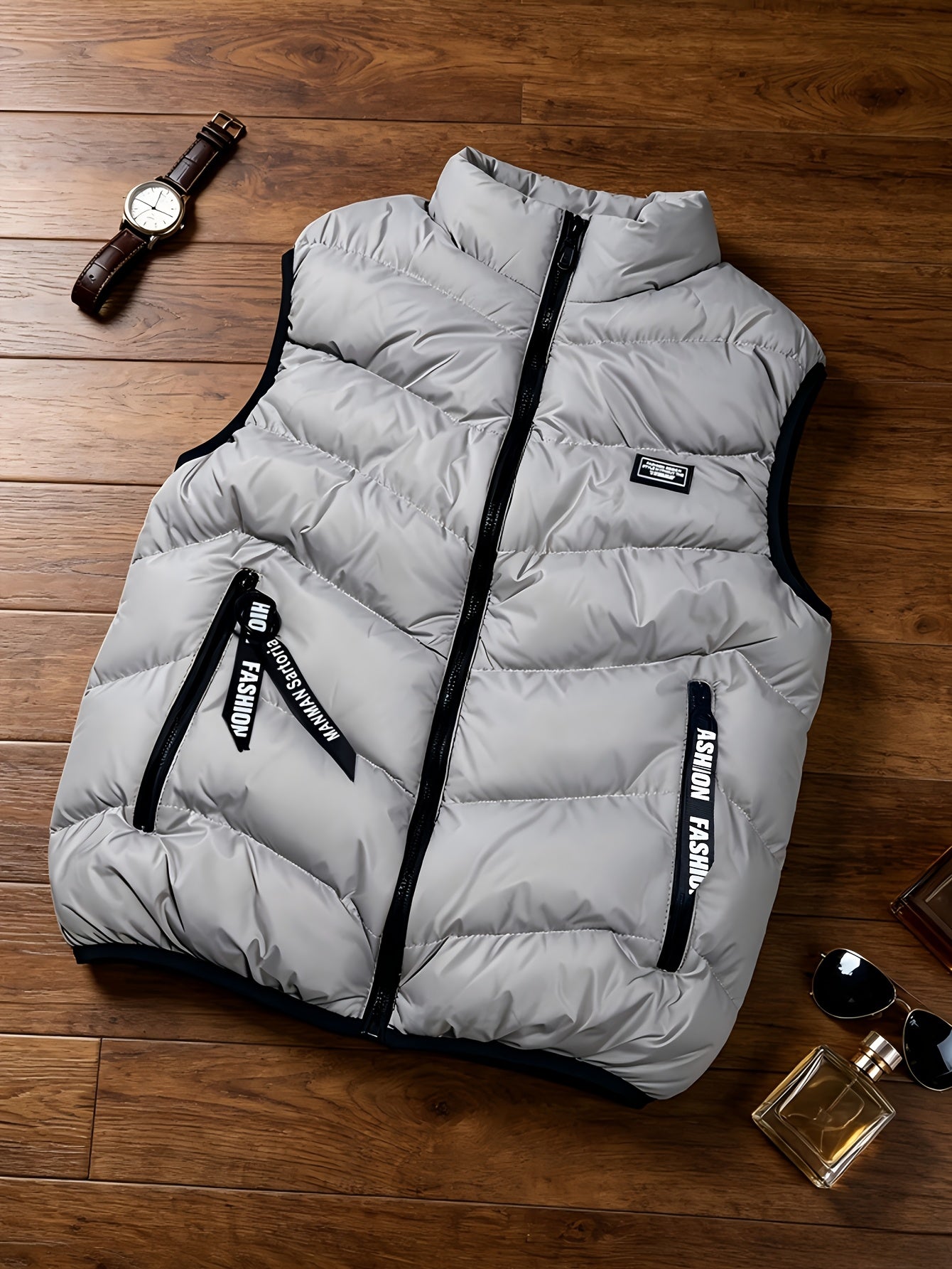 Men's Thickened Polyester Warm Vest with Full-Zip and Stand Collar