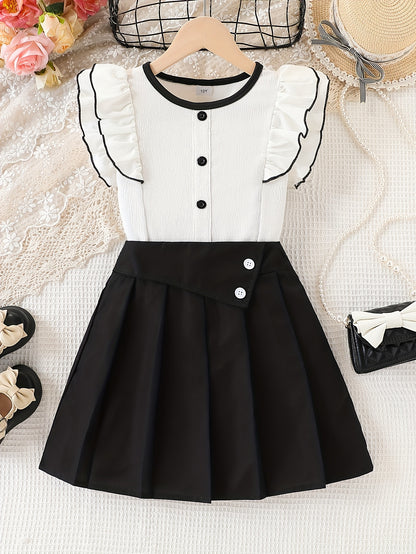 Girls' Elegant Summer Two-Piece Set with Pleated Skirt & Ruffle Sleeve