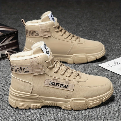 Men'S Winter Boots - Thermal Insulated Anti-Slip Snow Shoes with Cushioned Insole, Beige/Tan Cold Weather Boots for Ice, Snow, and Everyday - Lace-Up Ankle Support, Durable PVC Outsole - Ideal for Hiking, Urban Commute, and O