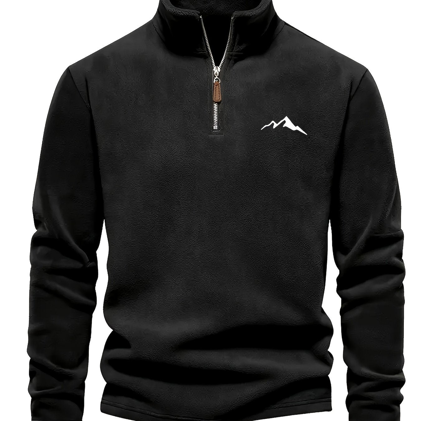 Men's Heavy-Duty Fleece-Like Winter Jacket with Full-Zip Closure & Mountain Logo Embellishment - Stand Collar Long Sleeve H-Shape Silhouette, Brown/White, Machine Washable Cold Weather Skiing & Outdoor Coat (No Belt)