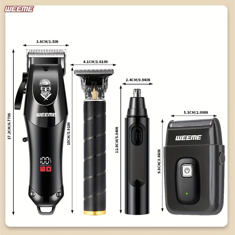 WEEME 4pcs Professional Hair Clipper Set for Men, Cordless Barber Clippers and Trimmer Kit, Electric Beard Trimmer and Nose Trimmer, Foil Shaver Grooming Tools, Luxury Christmas Gift Set for Him (Black) - ayq