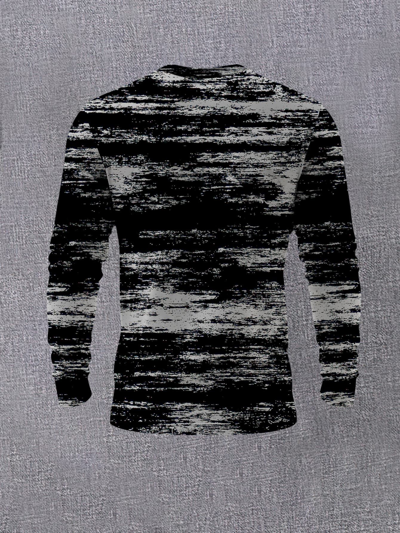 Men's Fashion Crew Neck Long Sleeve Top Personality Abstract Texture Print Casual Versatile Pullover Trendy Street Style Youth Base Layer Shirt