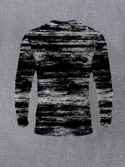 Men's Fashion Crew Neck Long Sleeve Top Personality Abstract Texture Print Casual Versatile Pullover Trendy Street Style Youth Base Layer Shirt