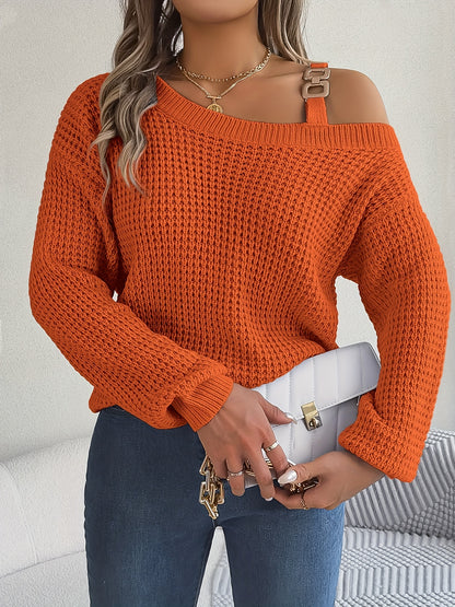 Casual And Versatile Long-Sleeve Sweater with Shoulder Cutouts And Metal Buttons for Autumn And Winter.