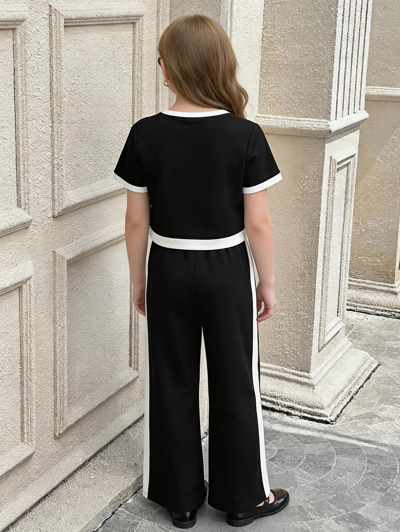 Girls' Color-Block Short Sleeve Top & Wide-Leg Pants Set