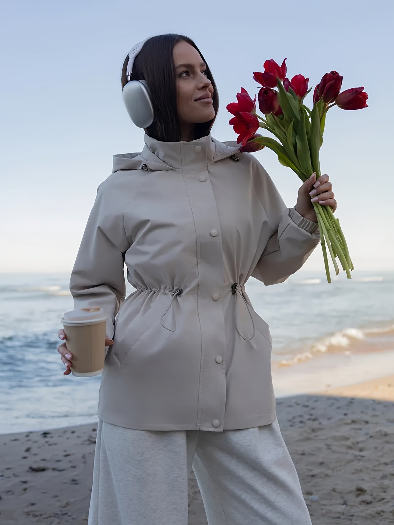 Autumn and Winter Women's Fashion Solid Color Windbreaker Jacket