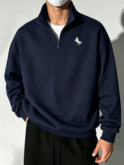 Men's Vintage Half-Zip Polyester Sweatshirt with Stand Collar