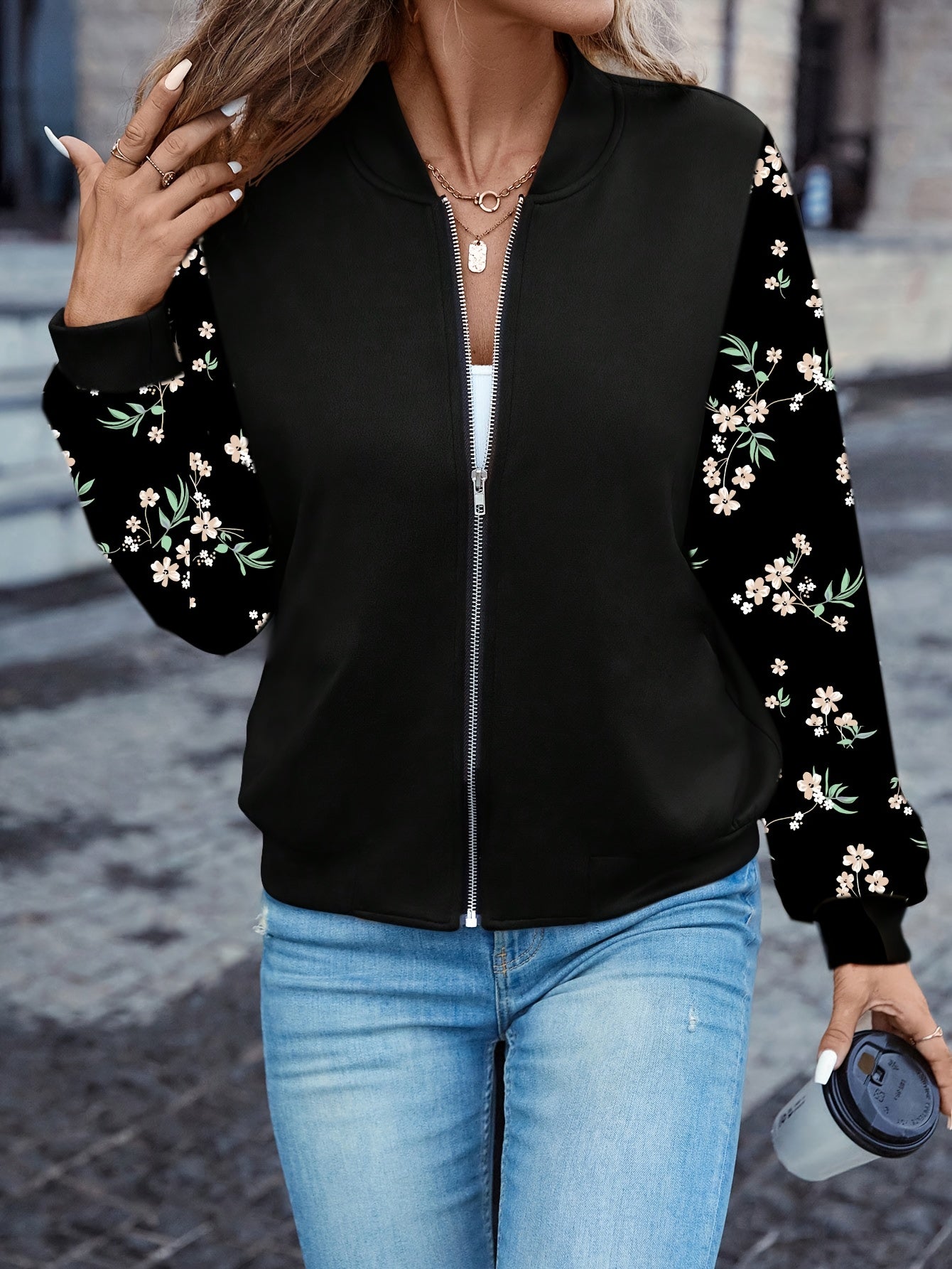 Women's Elegant Black Floral Print Full-Zip Jacket with Puffed Sleeve & Stand Collar - Full-Length Coat for Fall, Office, Shopping, Casual Outfits - Machine Washable Structured Outerwear with Full-Length Zipper Closure & Ruff
