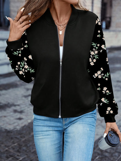 Women's Elegant Black Floral Print Full-Zip Jacket with Puffed Sleeve & Stand Collar - Full-Length Coat for Fall, Office, Shopping, Casual Outfits - Machine Washable Structured Outerwear with Full-Length Zipper Closure & Ruff