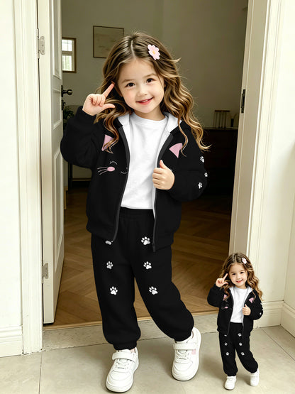 Girls' Casual Zip-Up Hoodie & Sweatpants Set with 3D Print