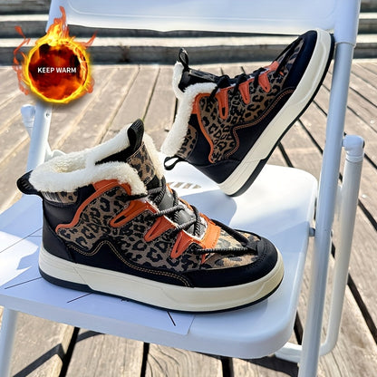 Women'S Stylish Leopard Print Winter Sneakers - Warm Fleece-Lined Casual Shoes with Thick Cushioned PVC Sole, Black & Orange Design, Perfect for Fall/Winter, Winter Sneakers | Leopard Print Shoes | Durable PVC Sole