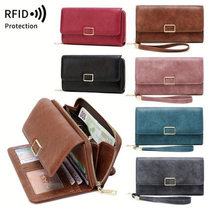 MIYIN Women's Vintage RFID Blocking Large Capacity Wallet with Wrist Strap - Tri-Fold  Handbag, Zipper Pocket & ID Slot, Multi-Card Holder (Credit/Debit) - Solid for Professional & Everyday Use