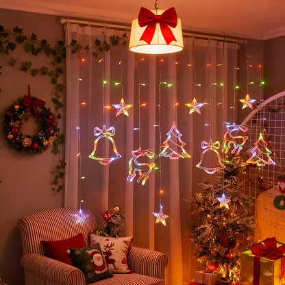 Christmas Decoration Icicle Curtain Lights, Window Wall Hanging String Light, USB Plug in Bell/Reindeer Fairy Lamp, Halloween/Ramadan Decor for Bedroom Living Room Backdrop Wedding Party Indoor Xmas Tree Dorm Fall Home Decor