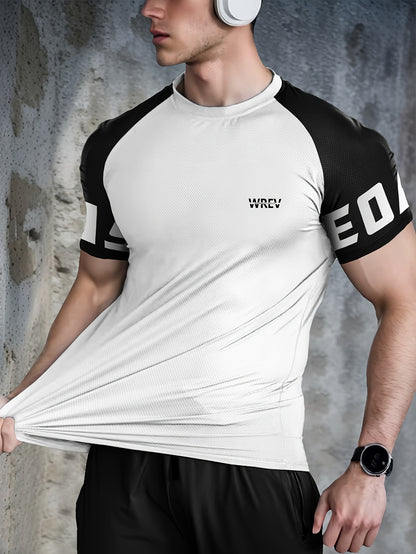 Men's Quick-Dry Breathable Mesh Sports T-Shirt - Summer Gym Workout Top with Contrast Black  White Sleeves  for Man Letter Print, Slim Fit for Running Training Casual Wear, Breathable Running Gear   Sporty Casual Tee   Mesh