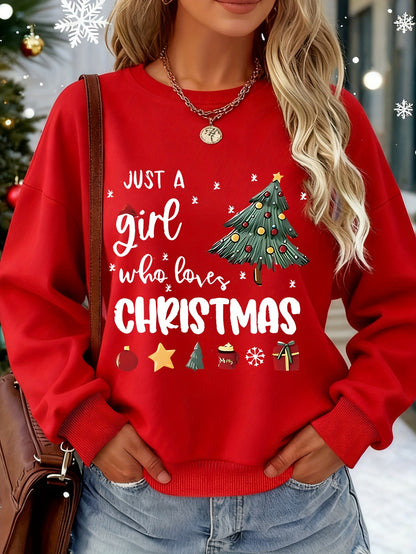 Women's Red Christmas Sweater Sweater Vest-Like Long Sleeve Pullover - Thick Warm Winter Sweater with " a Who Loves Christmas" Slogan, Tree & Snowflake Print, Casual Holiday Party Outfit (Machine Washable) for Xmas Parties &