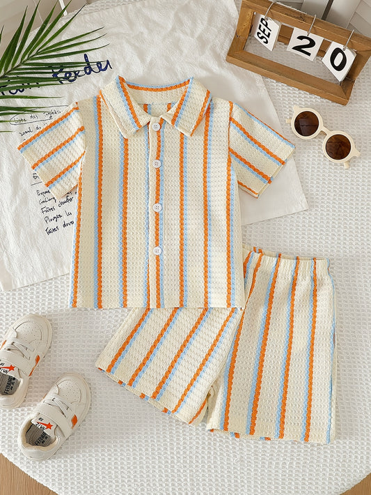 Boys' Summer Striped Waffle Knit Shirt & Shorts Set