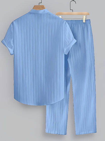 Men's Summer Casual Polyester Set with Stand Collar Shirt & Pants