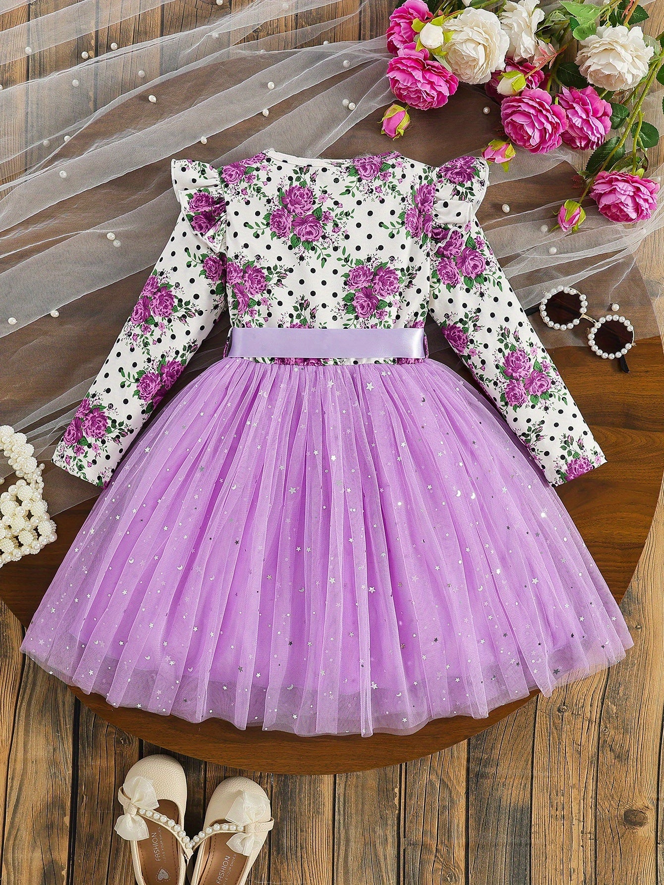 COVIVIKY Girls' Elegant Long Sleeve Party Dress with Puff Skirt & Sheer Panel - Knee-Length A-Line Wedding Prom Dress, Belted Waist Bow & Netting Trim, Hand Washable Winter Formal Gown for Girls (Age 4-12)