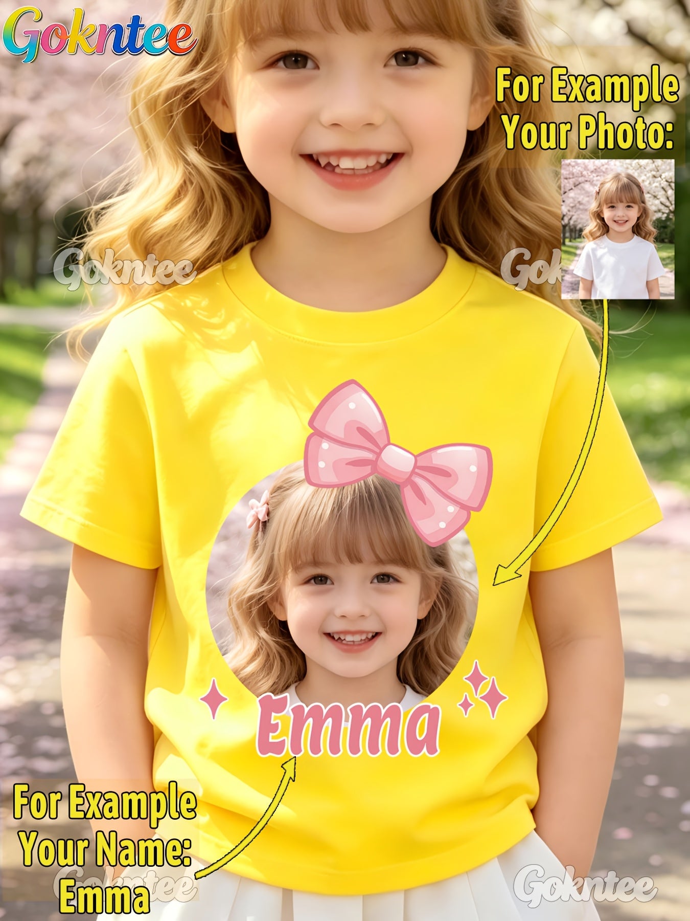 Girls' Personalized Cartoon T-Shirt with Pink Bow, Crew Neck