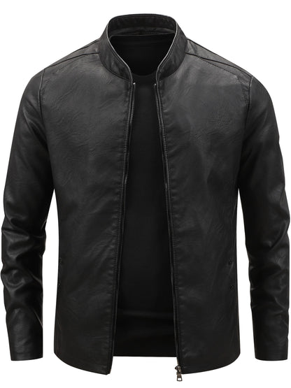 Men's Casual Baseball Collar PU Jacket with Zipper