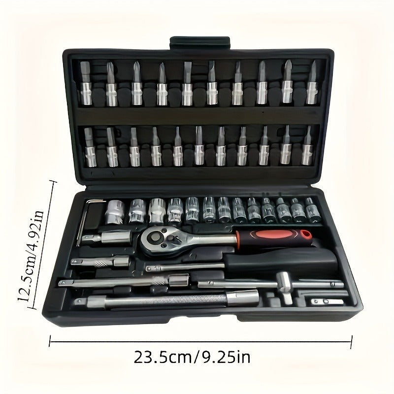 46pcs Professional Multi-Size Auto Repair Tool Set | Designed for European Cars, Includes Torque Wrench and Hex Keys, Durable Chrome Vanadium Steel, Suitable for Car Maintenance, Motorcycles, Bicycles, and Home Repairs, Black