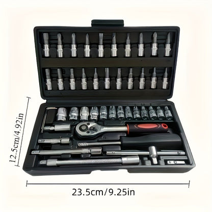 46pcs Professional Multi-Size Auto Repair Tool Set | Designed for European Cars, Includes Torque Wrench and Hex Keys, Durable Chrome Vanadium Steel, Suitable for Car Maintenance, Motorcycles, Bicycles, and Home Repairs, Black