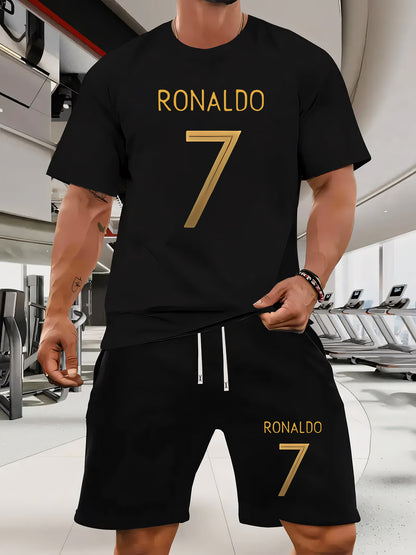 Ronaldo 7 Print Men'S Short Sleeve T-Shirt and Waistband Shorts 2pcs Casual Sports Regular Top & Bottom Set, Suitable for Spring/Summer