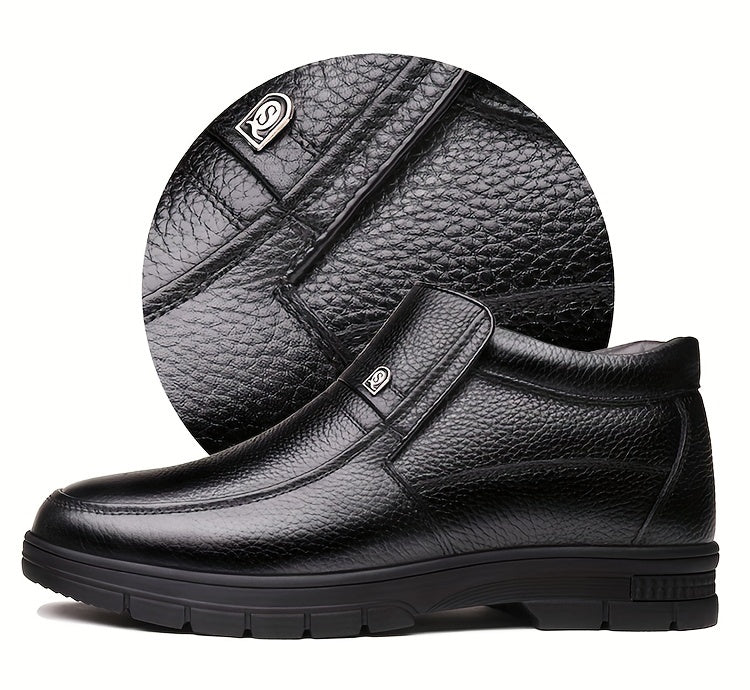 Genuine Leather 2025 Snow Boots Shoes Top Layer Cowhide Men's Boots Winter New Fashion Versatile Litchi Pattern Soft Leather Thick Sole Warm Shoes -Lined Work Boots Inner Filling with Cold Resistant Warmth, Warmth Locking Pow