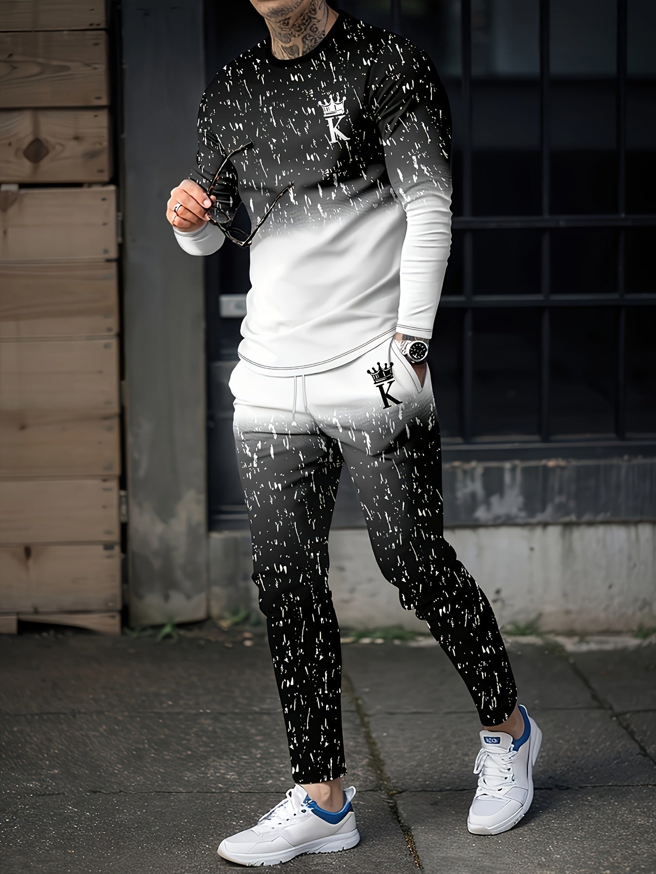 2pcs Men's Gradient Color Random Patter Long Sleeve T-shirt + Pants Set, Casual Co-ord Set For All Seasons