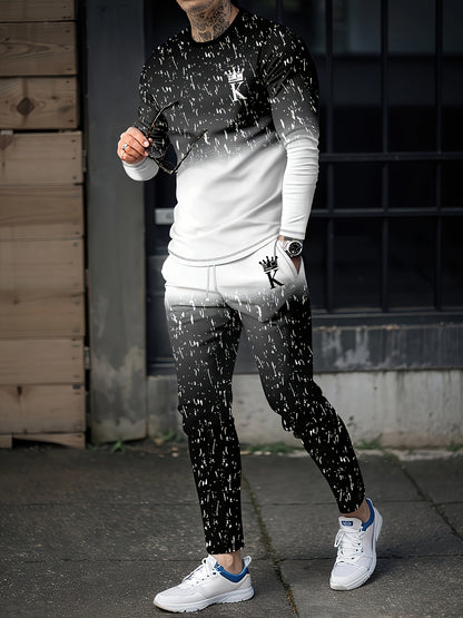 2pcs Men's Gradient Color Random Patter Long Sleeve T-shirt + Pants Set, Casual Co-ord Set For All Seasons