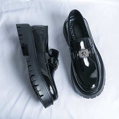 Men'S Black Soft Patent Platform Chunky Heel Loafers Fashion Tassel Business Casual Formal Work Shoes Non-Slip Lug Sole Slip-On Penny Loafers