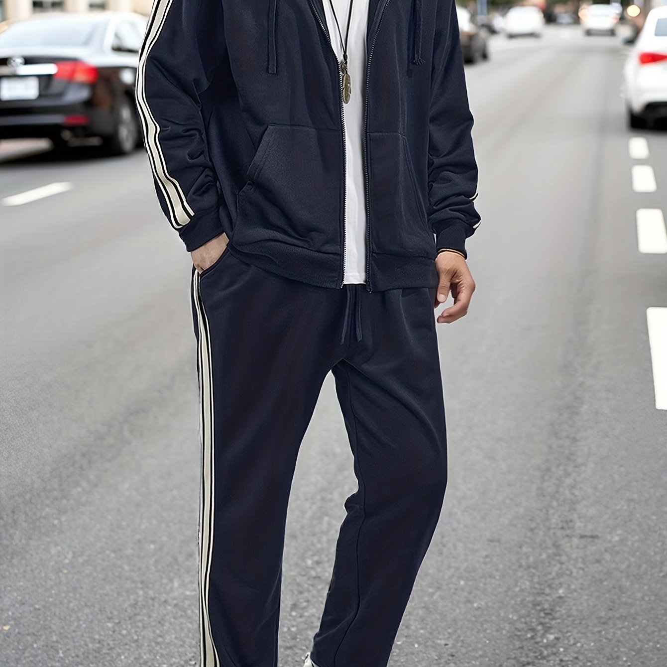 New Cross-Border Casual Sportswear Set of 2pcs, Hooded Zipper Cardigan Jacket Is Easy And Easy to Match, Side Striped Sweatpants Hide Meat And Show Long Legs, Daily Commute, Full of Comfort, Black Main Tone + Side Stripes