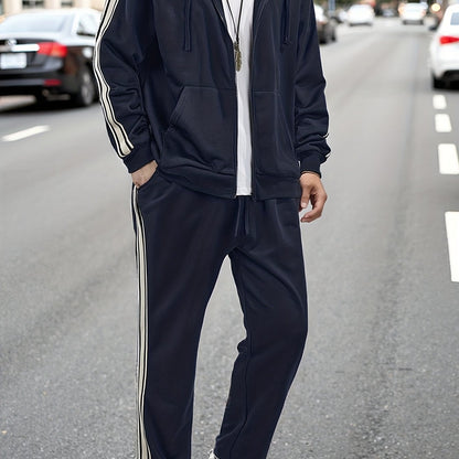 New Cross-Border Casual Sportswear Set of 2pcs, Hooded Zipper Cardigan Jacket Is Easy And Easy to Match, Side Striped Sweatpants Hide Meat And Show Long Legs, Daily Commute, Full of Comfort, Black Main Tone + Side Stripes