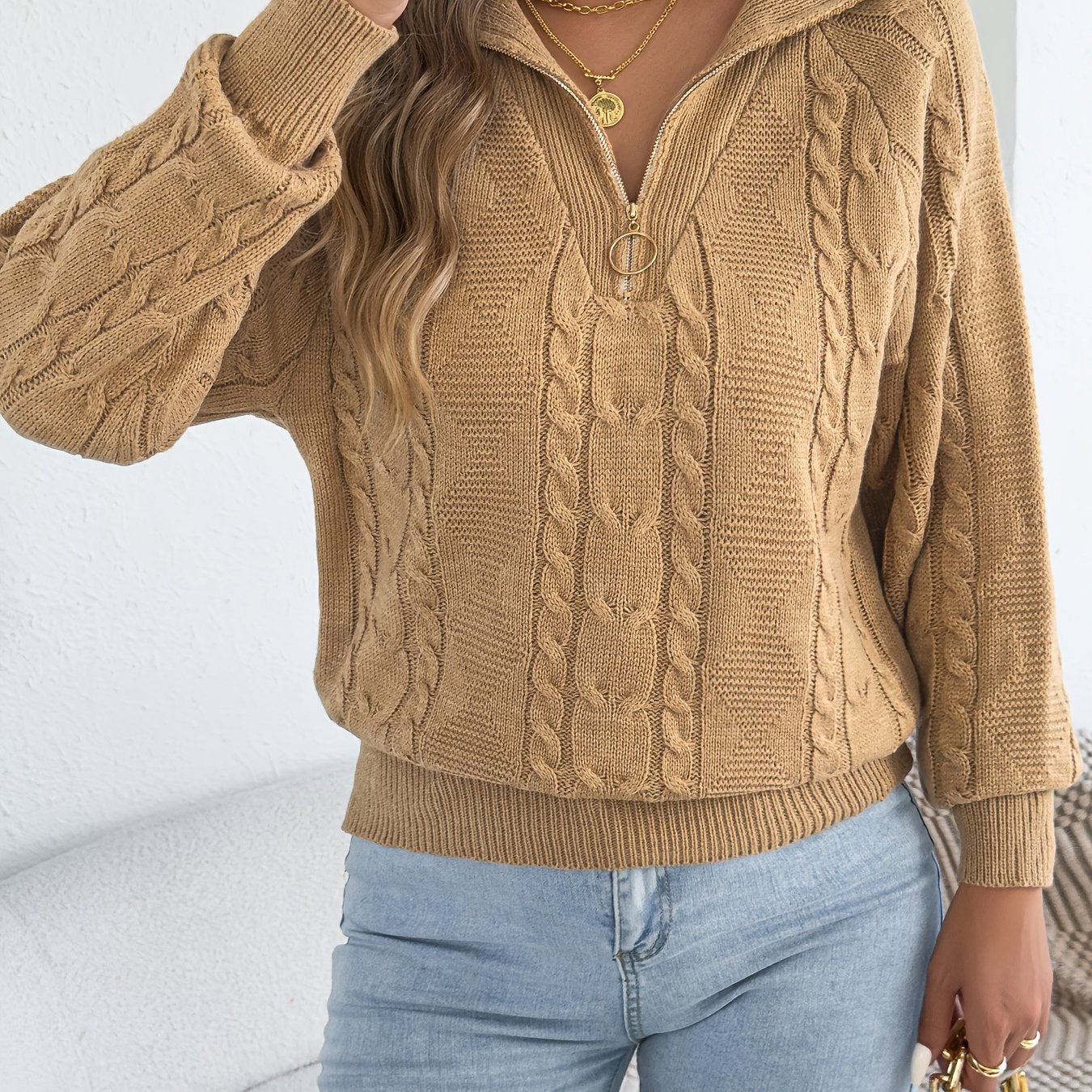 Autumn and Winter Leisure Vacation Pullover Sweater Solid Color Zipper Lapel Women's Sweater
