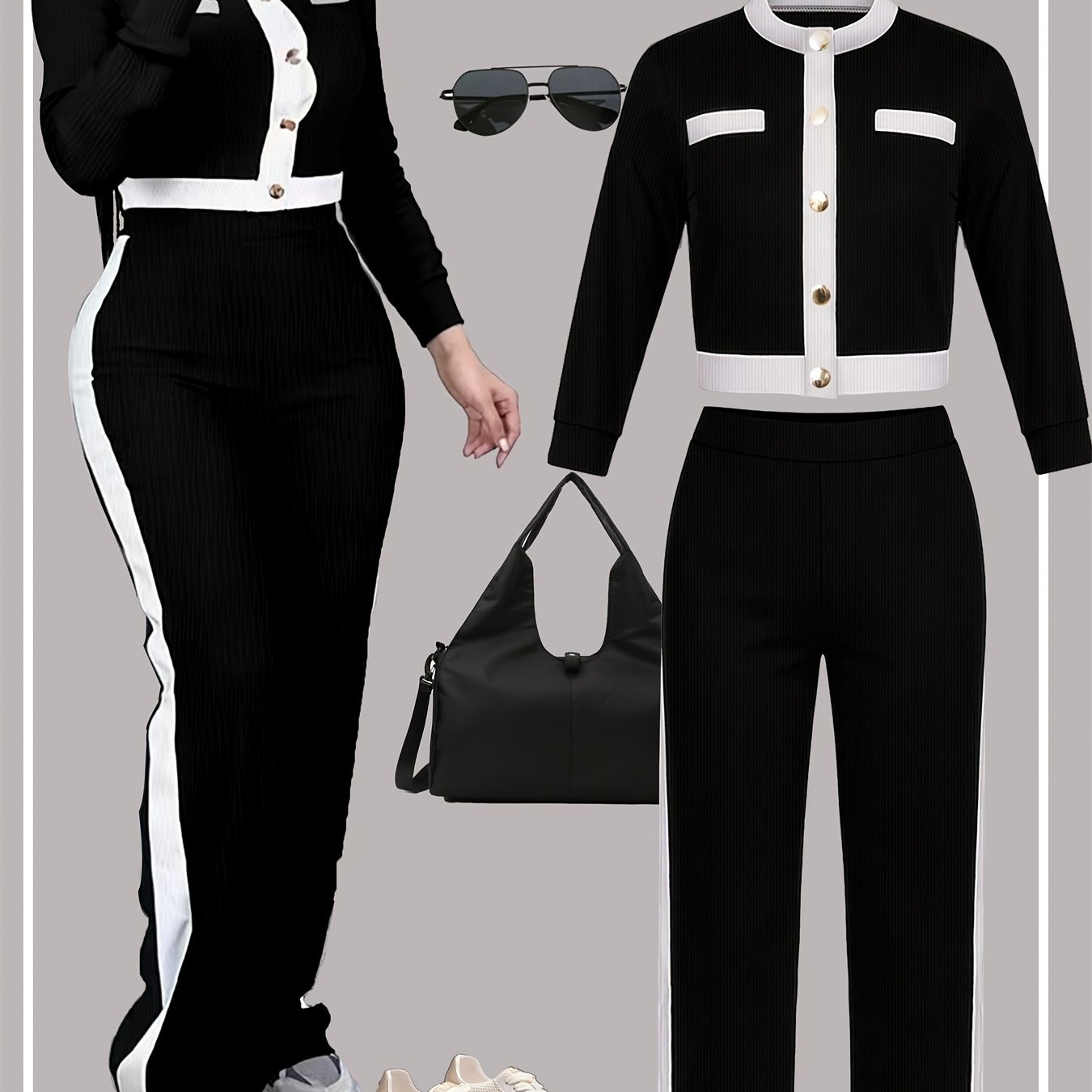 Autumn And Winter Women'S Outfit - Stylish Color-Blocked Fitted Long-Sleeve Top with a Round Neck And Versatile High-Waisted Comfortable Straight-Leg Pants